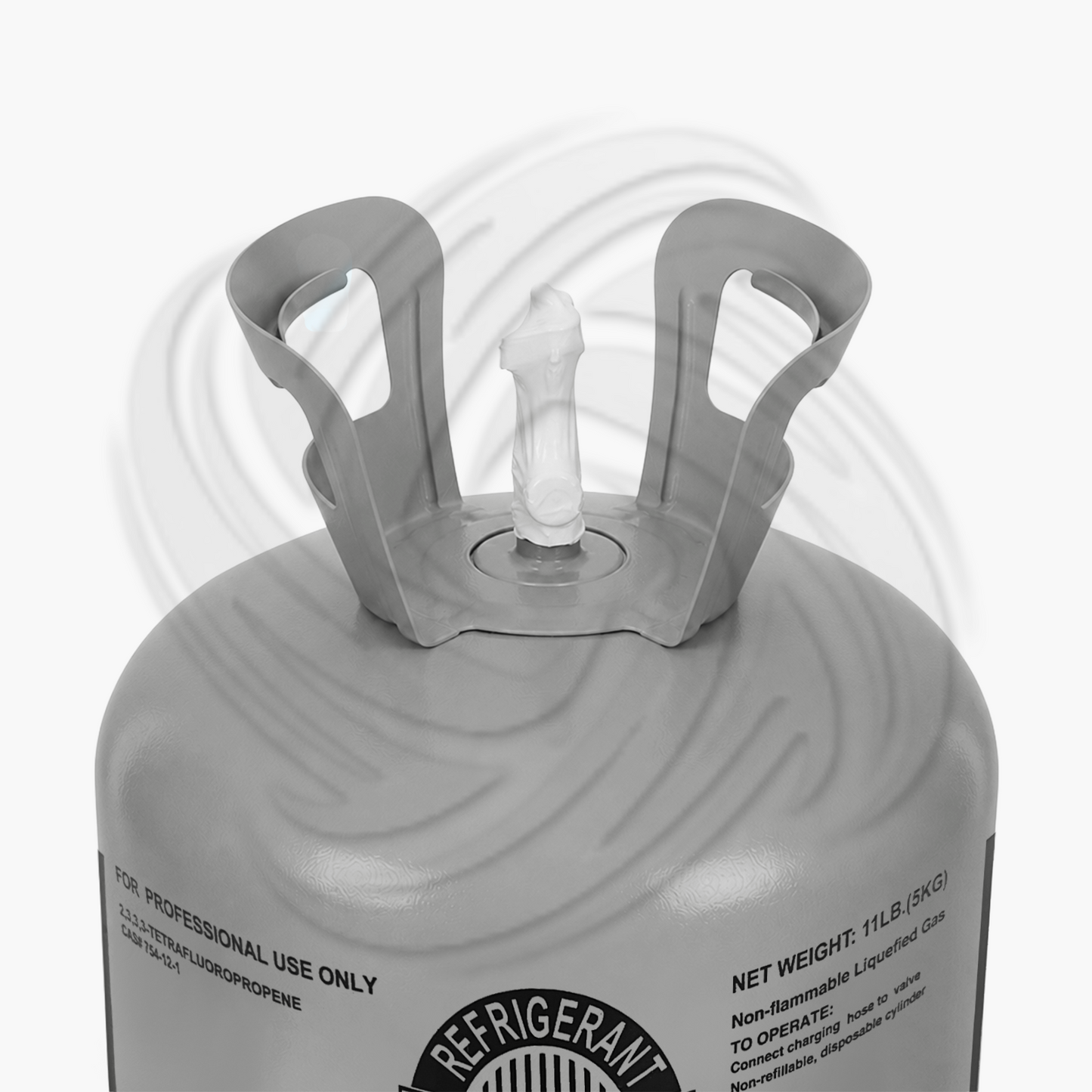 Top view of R1234YF refrigerant 11lb cylinder with valve for HVAC systems