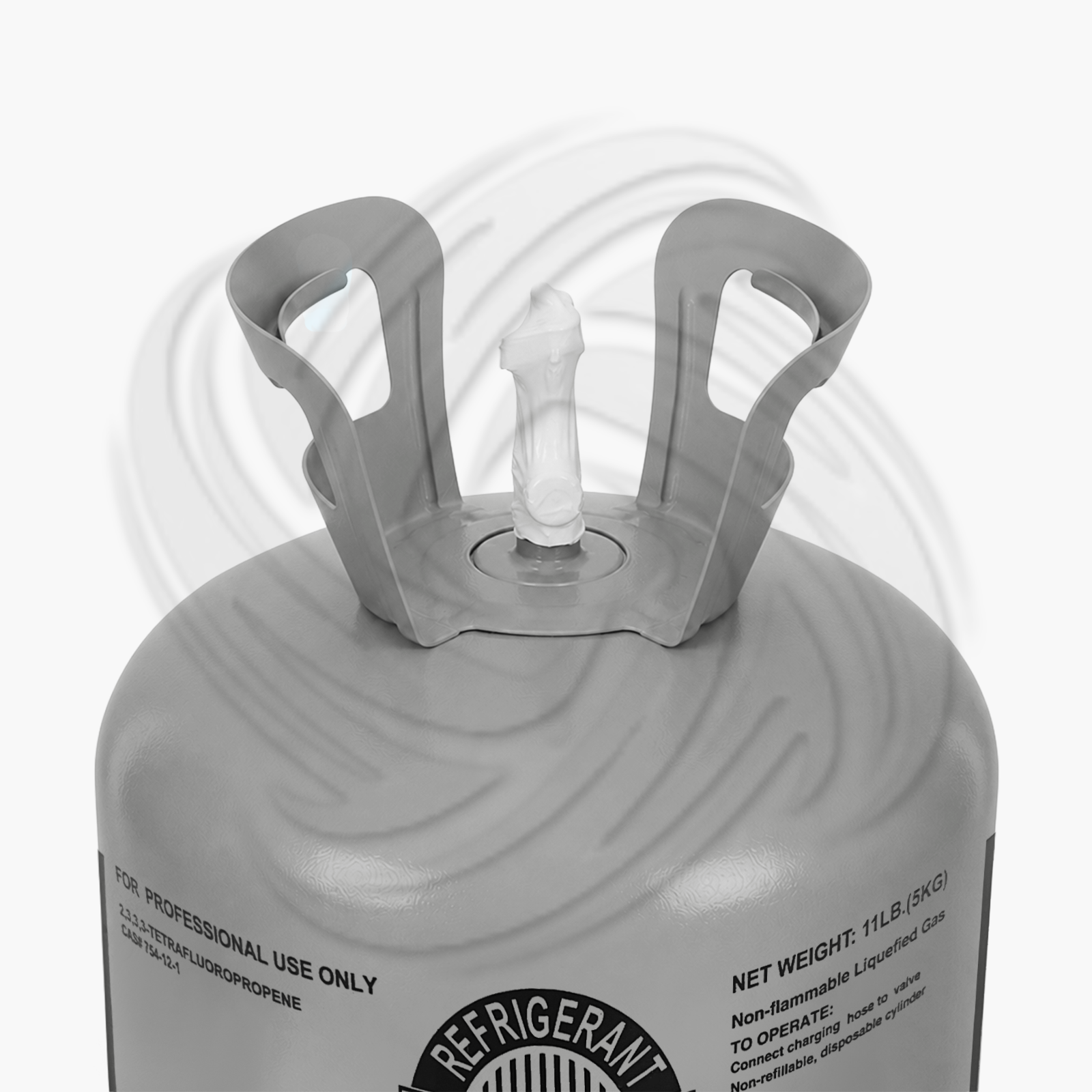 Top view of R1234YF refrigerant 11lb cylinder with valve for HVAC systems