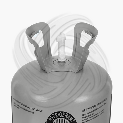 Top view of R1234YF refrigerant 11lb cylinder with valve for HVAC systems