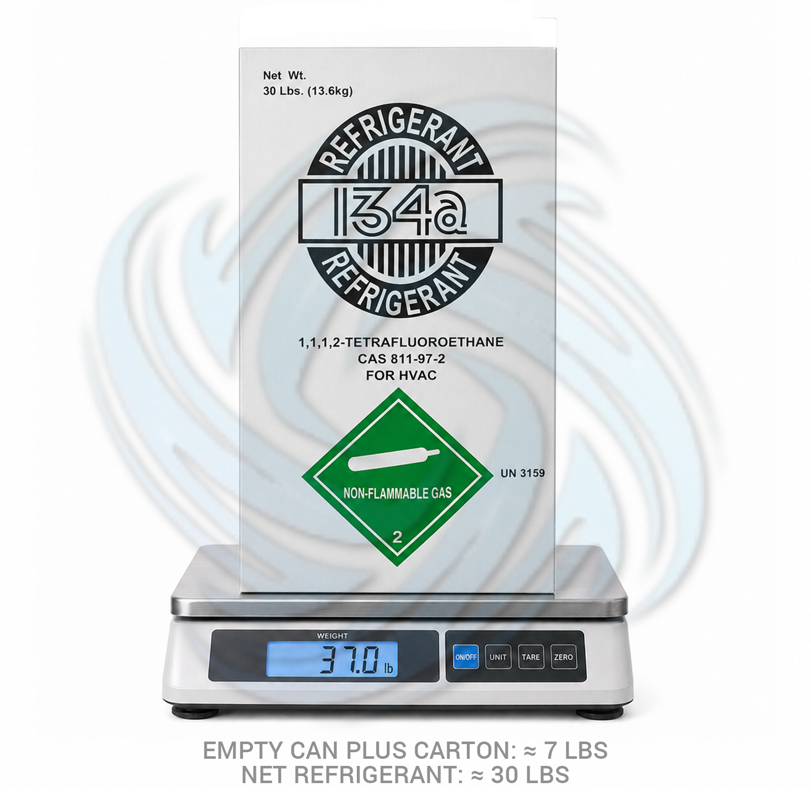30lb R134A HVAC refrigerant cylinder displayed on scale for accurate refrigerant weight measurement