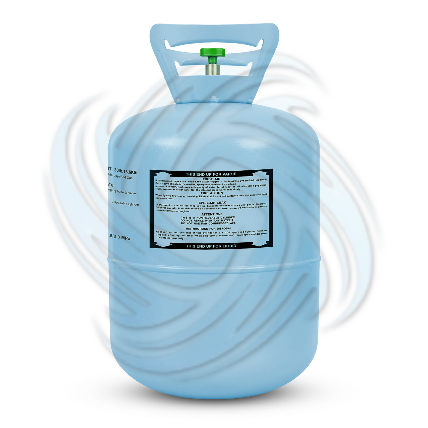 30lb R134A refrigerant tank side view showing cylinder label and product details for cooling systems