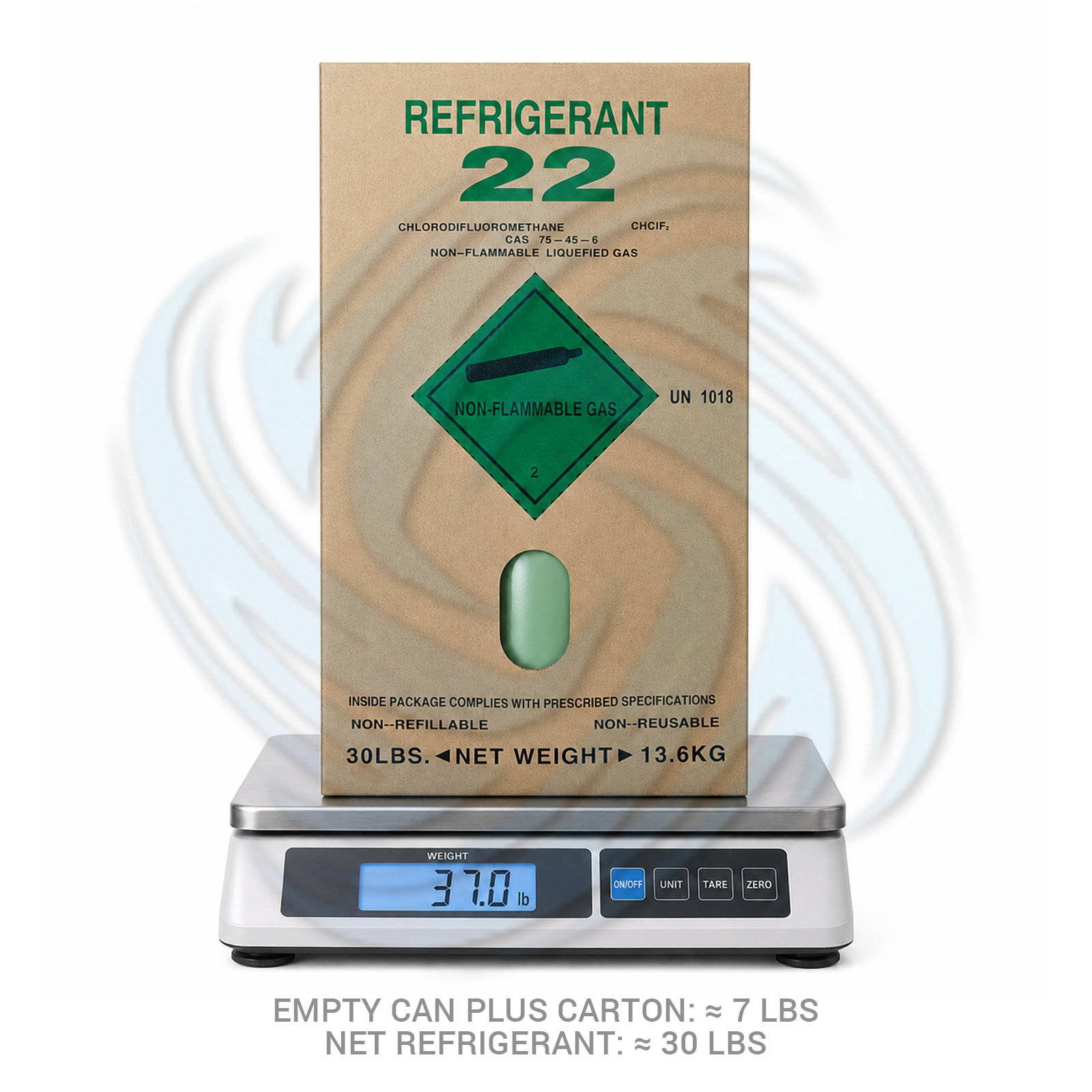 R22 refrigerant 30lb cylinder on scale for HVAC refrigeration systems