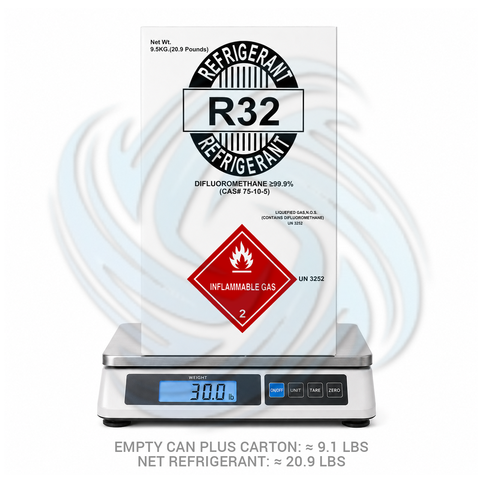 20lb R32 HVAC refrigerant cylinder displayed on scale for accurate refrigerant weight measurement