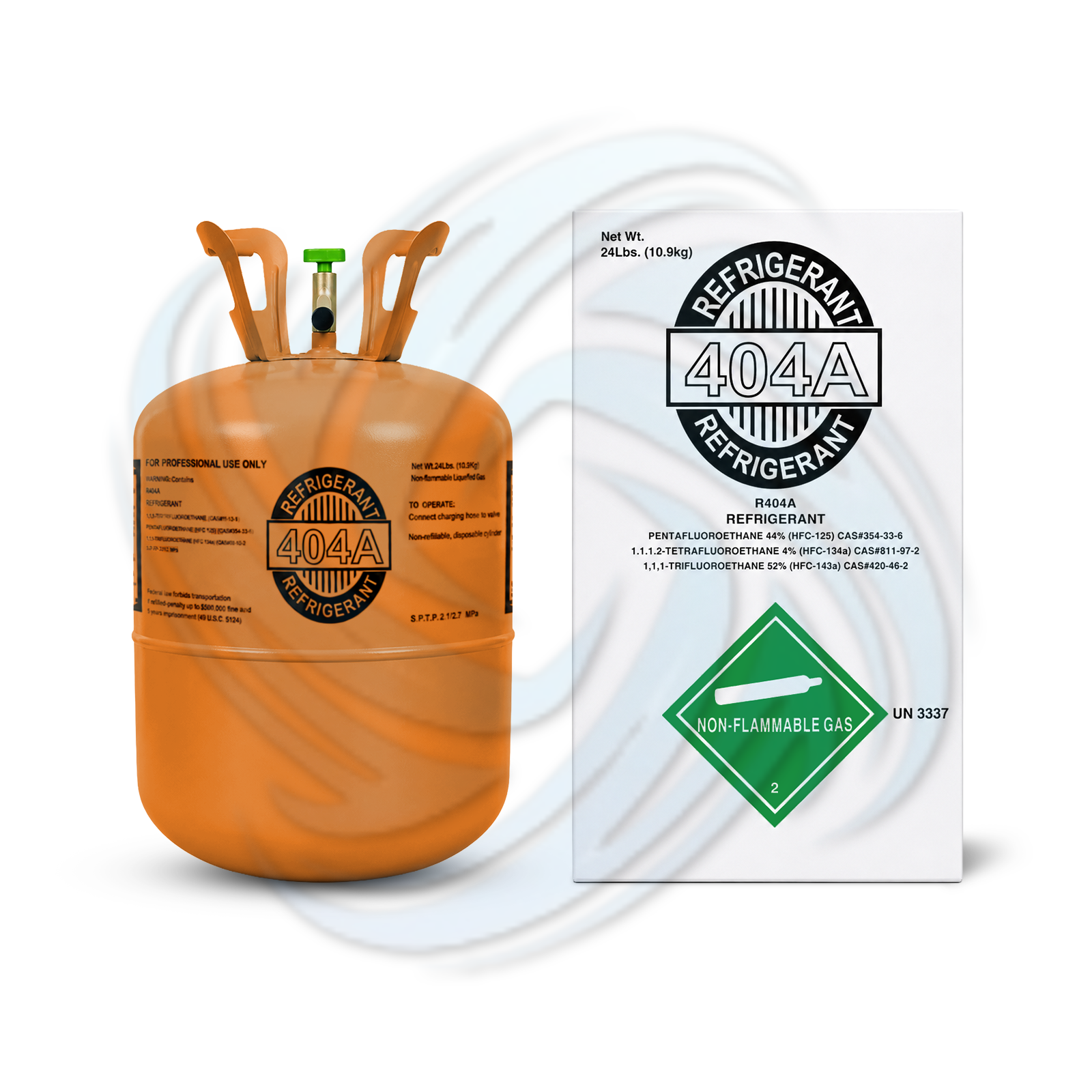 24lb R404A refrigerant cylinder with box packaging for HVAC technicians and commercial refrigeration systems