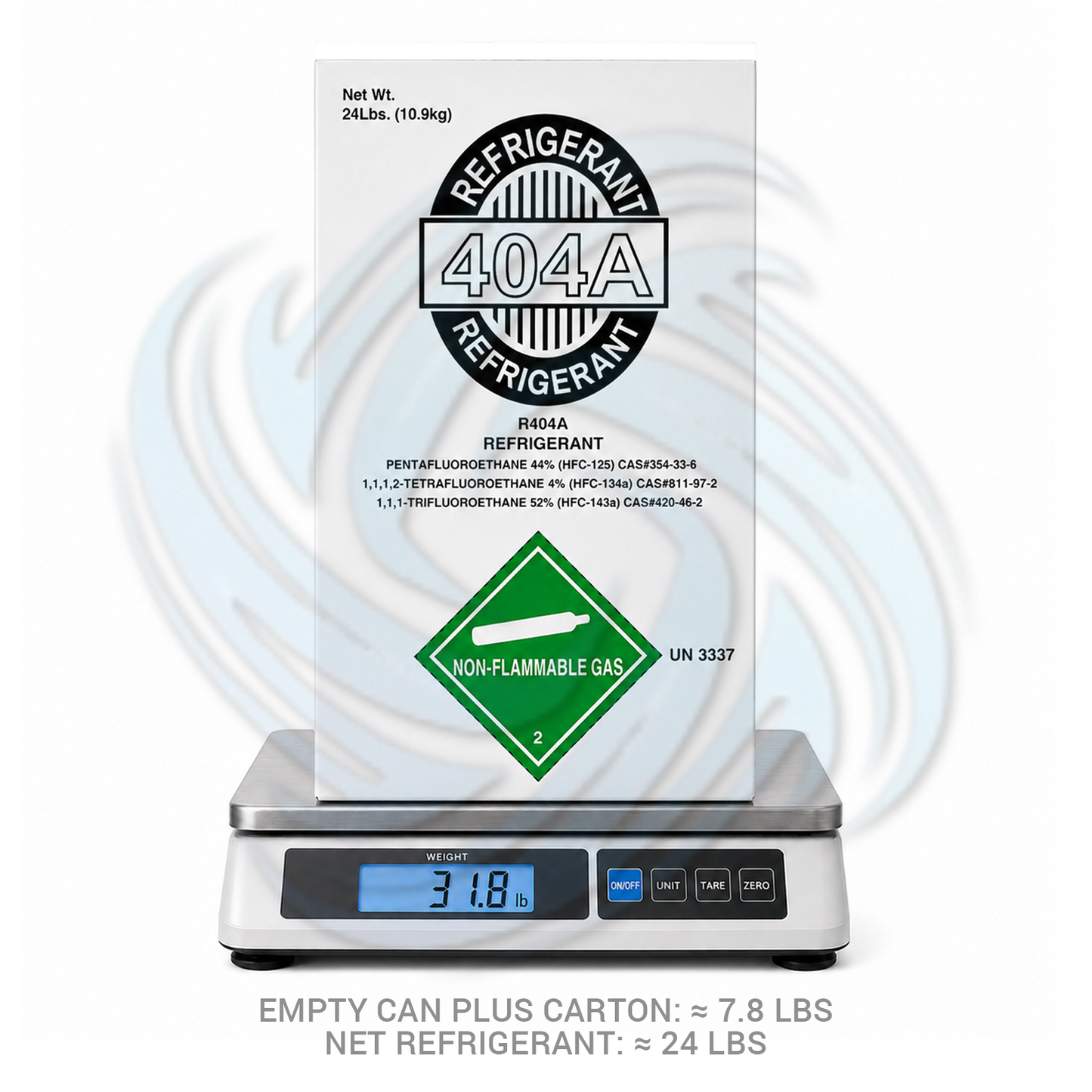 24lb R404A HVAC refrigerant cylinder displayed on scale for accurate refrigerant weight measurement