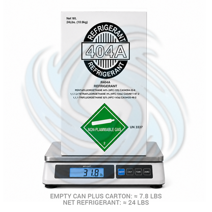 24lb R404A HVAC refrigerant cylinder displayed on scale for accurate refrigerant weight measurement