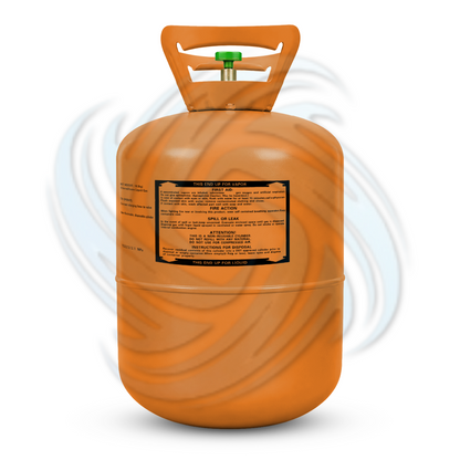 24lb R404A refrigerant tank side view showing cylinder label and product details for refrigeration systems