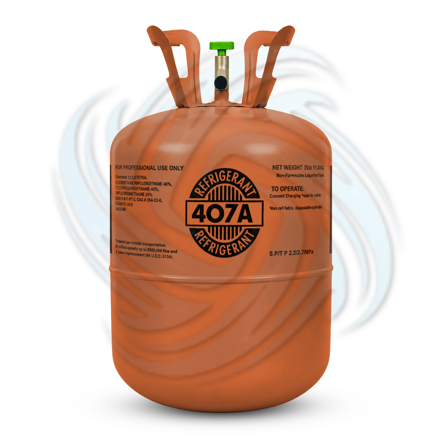 25lb R407A refrigerant cylinder front view for HVAC refrigerant replacement and cooling system service