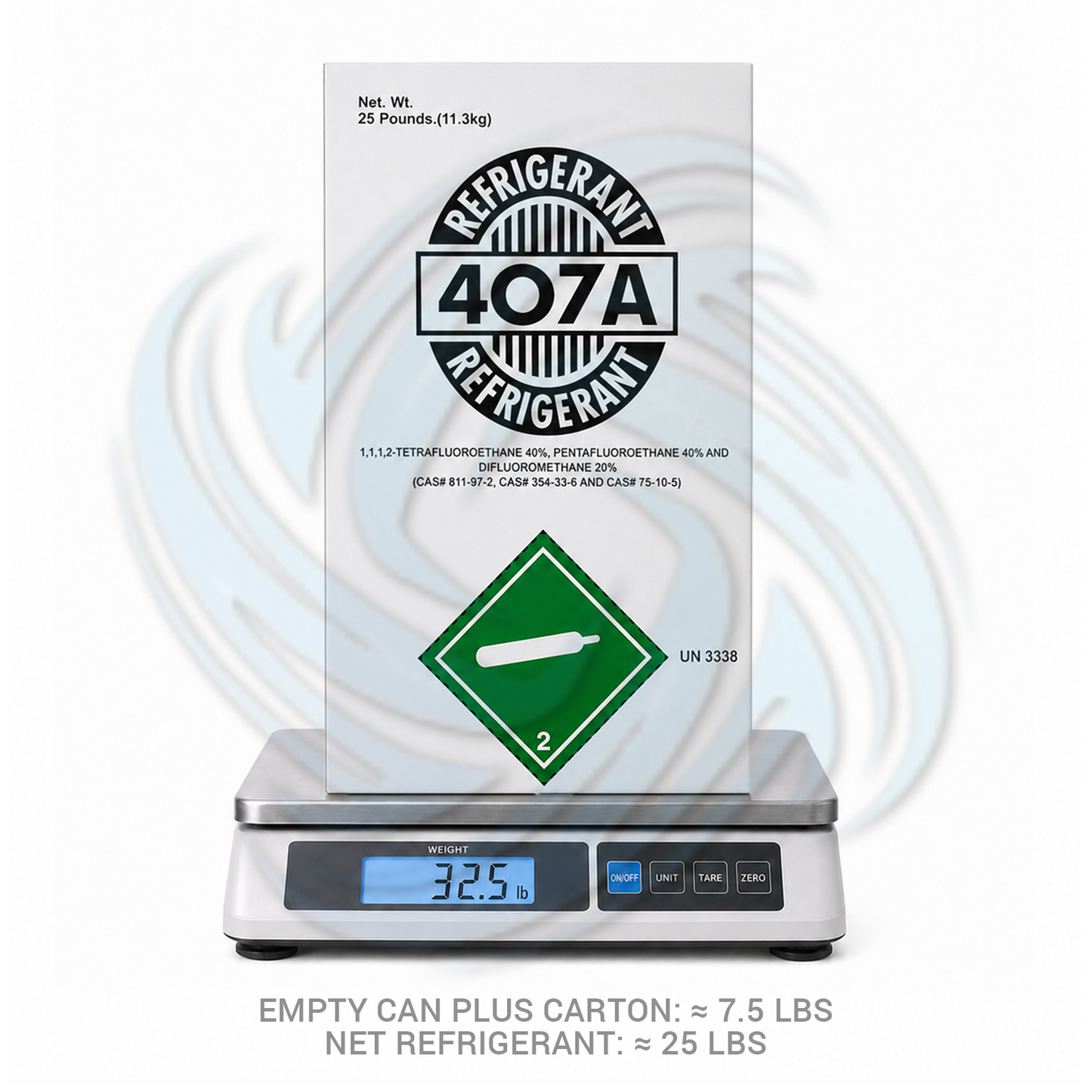 25lb R407A HVAC refrigerant cylinder displayed on scale for accurate refrigerant weight measurement