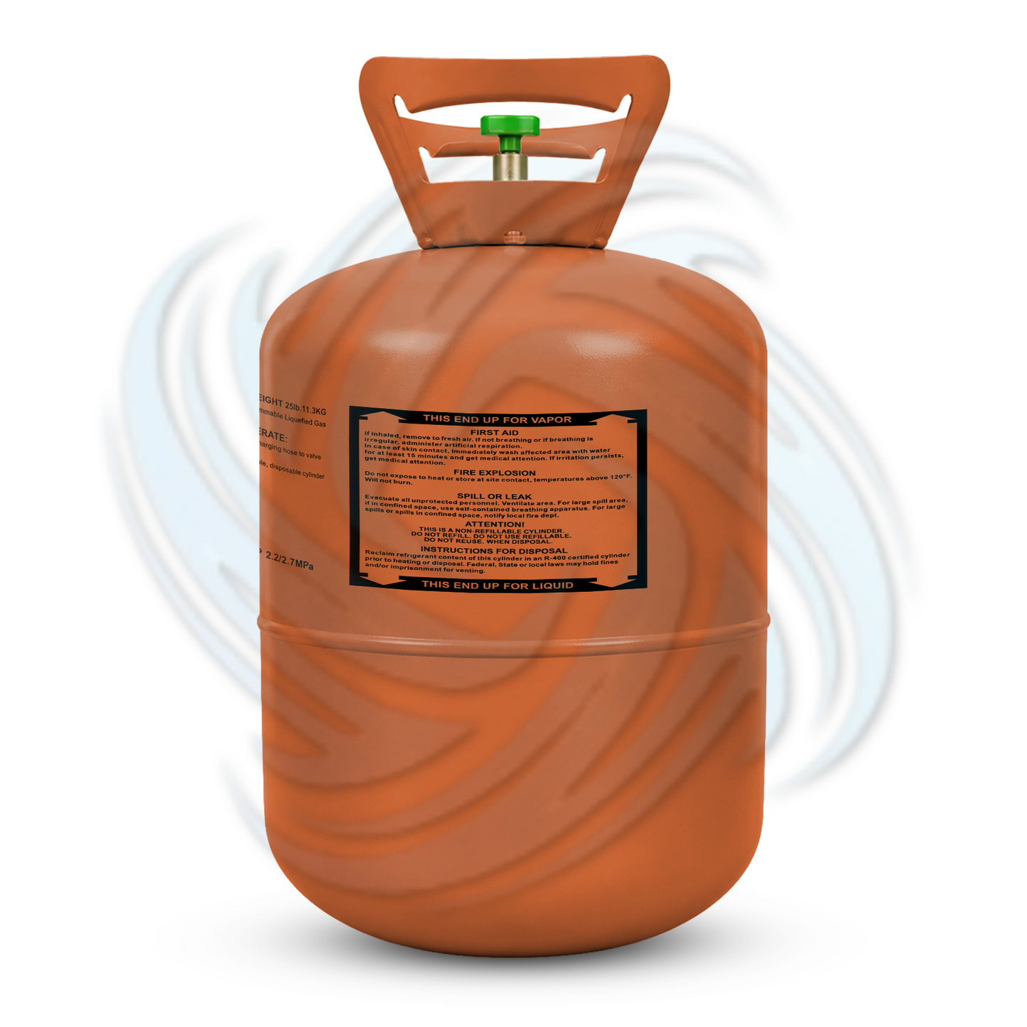 25lb R407A refrigerant tank side view showing cylinder label and product details for refrigeration applications