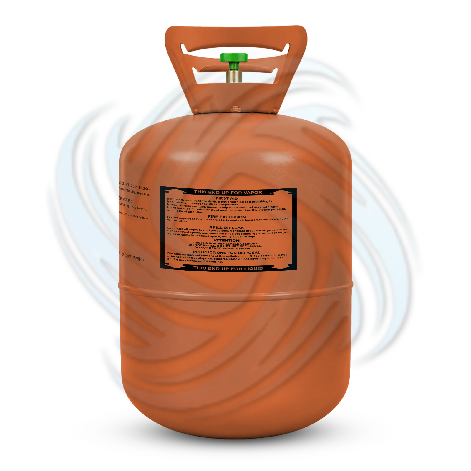 25lb R407A refrigerant tank side view showing cylinder label and product details for refrigeration applications