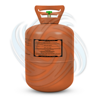 25lb R407A refrigerant tank side view showing cylinder label and product details for refrigeration applications