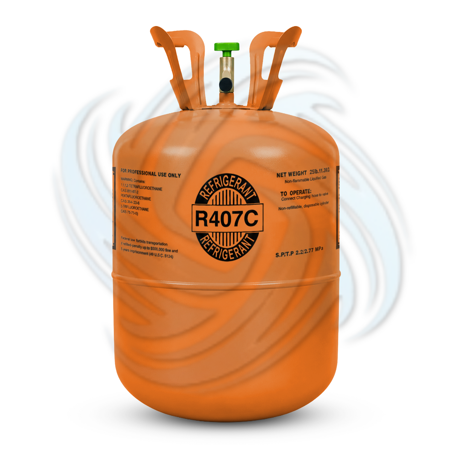 25lb R407C refrigerant cylinder front view for HVAC refrigerant replacement and air conditioning service