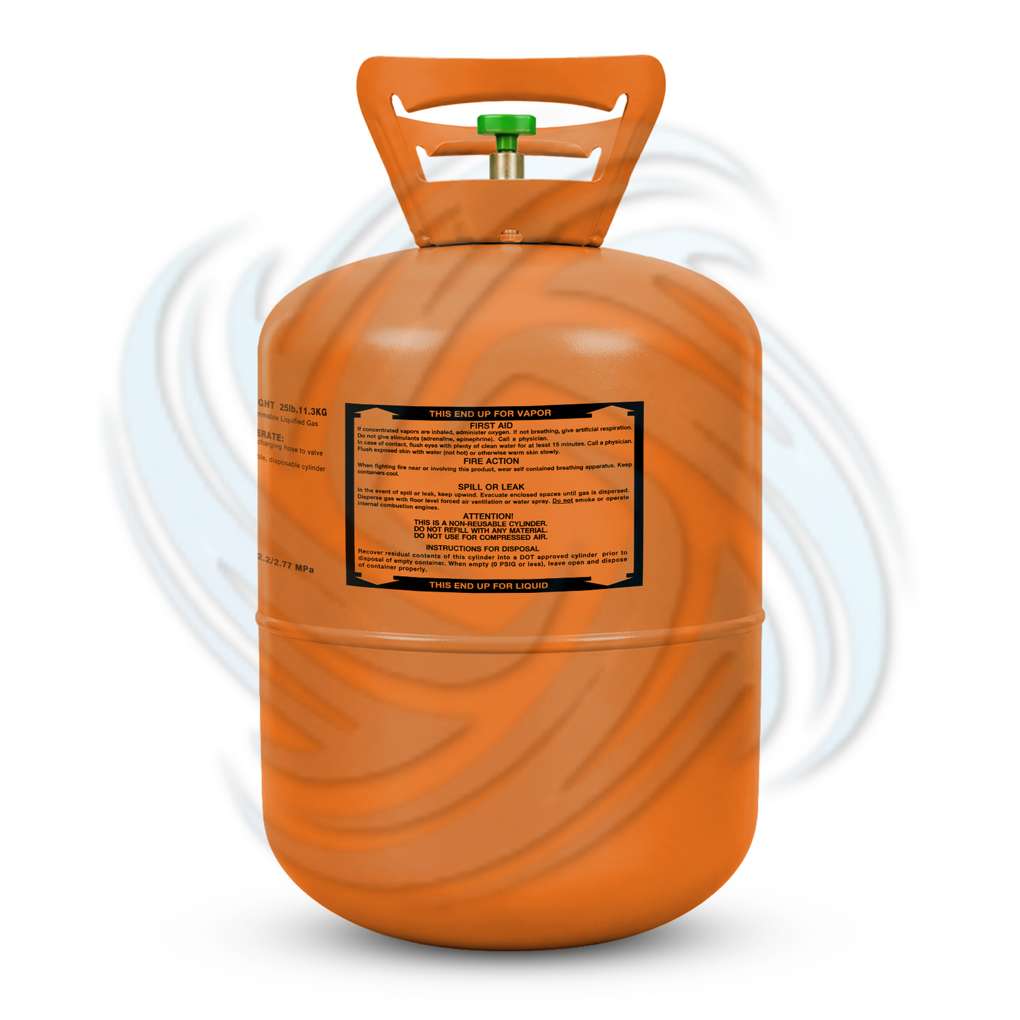 25lb R407C refrigerant tank side view showing cylinder label and product details for HVAC systems