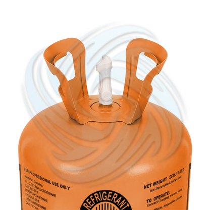 25lb R407C HVAC refrigerant cylinder top view showing valve connection and tank design
