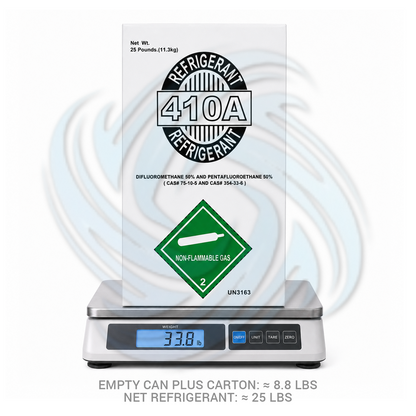 25lb R410A HVAC refrigerant cylinder shown on scale for accurate refrigerant weight measurement