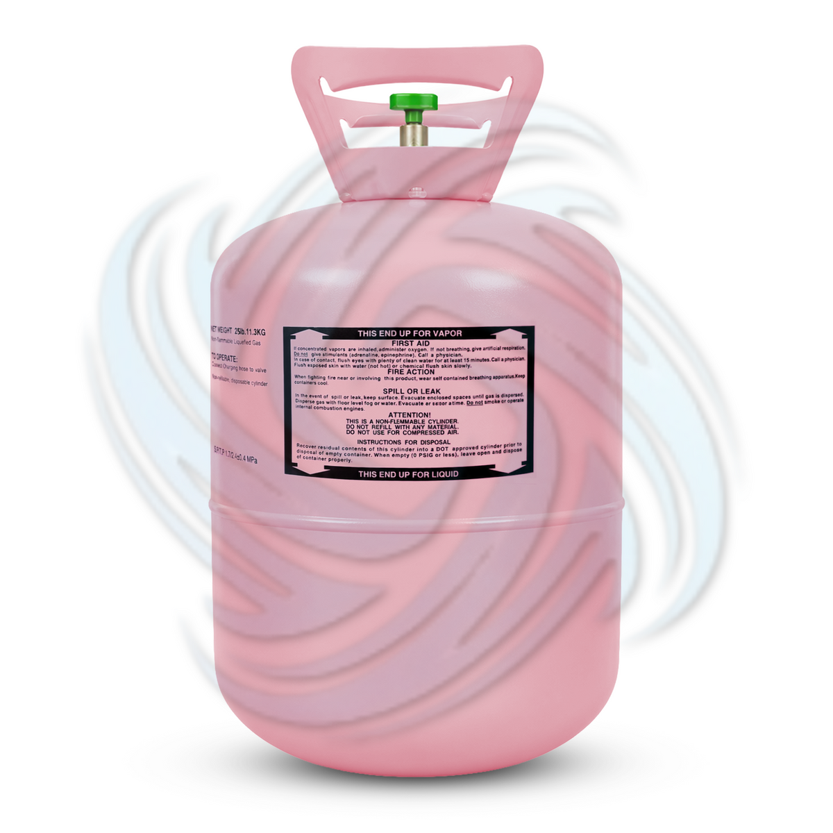 25lb R410A refrigerant tank side view showing cylinder label and packaging details for HVAC systems