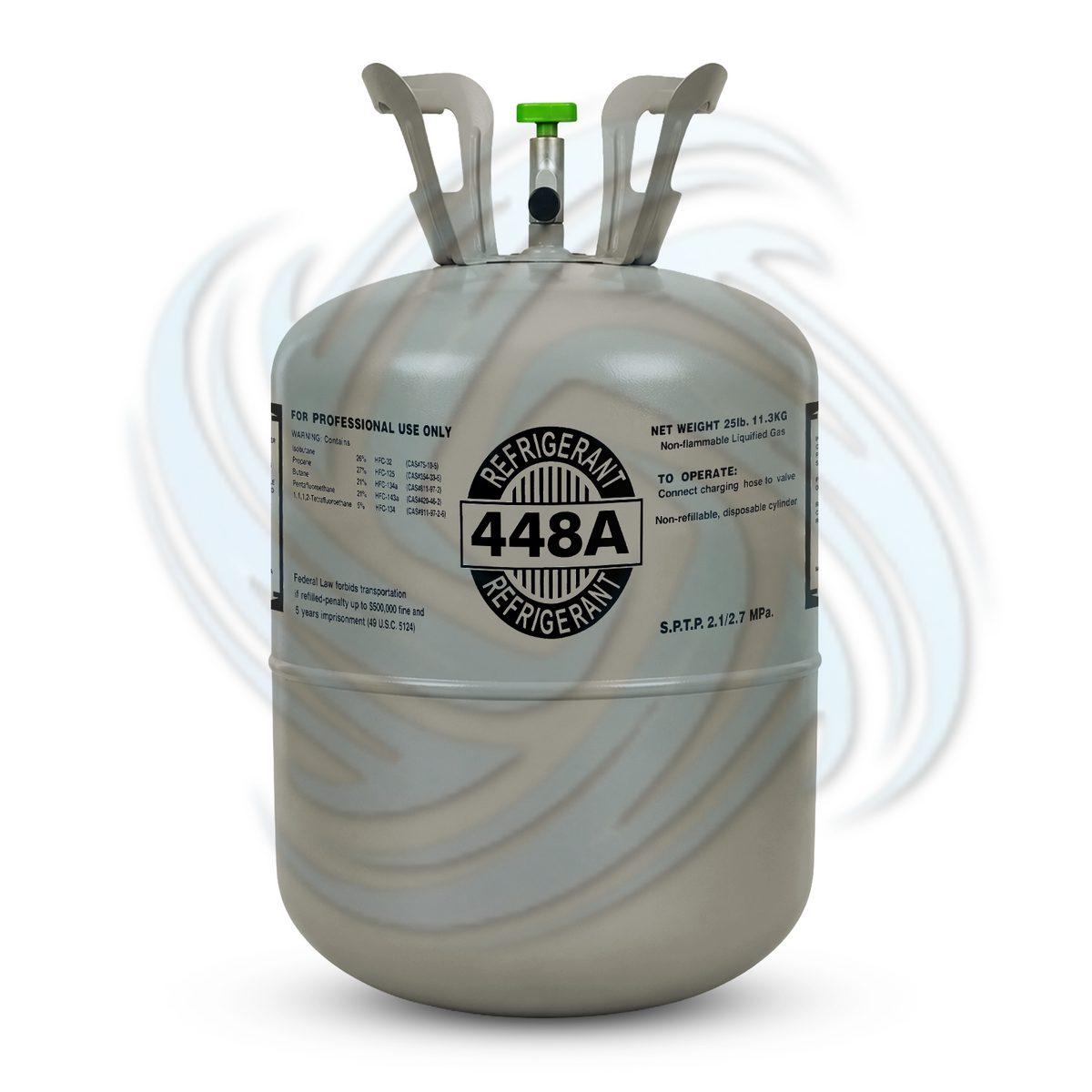 Front view of an R448A 25 lb refrigerant cylinder