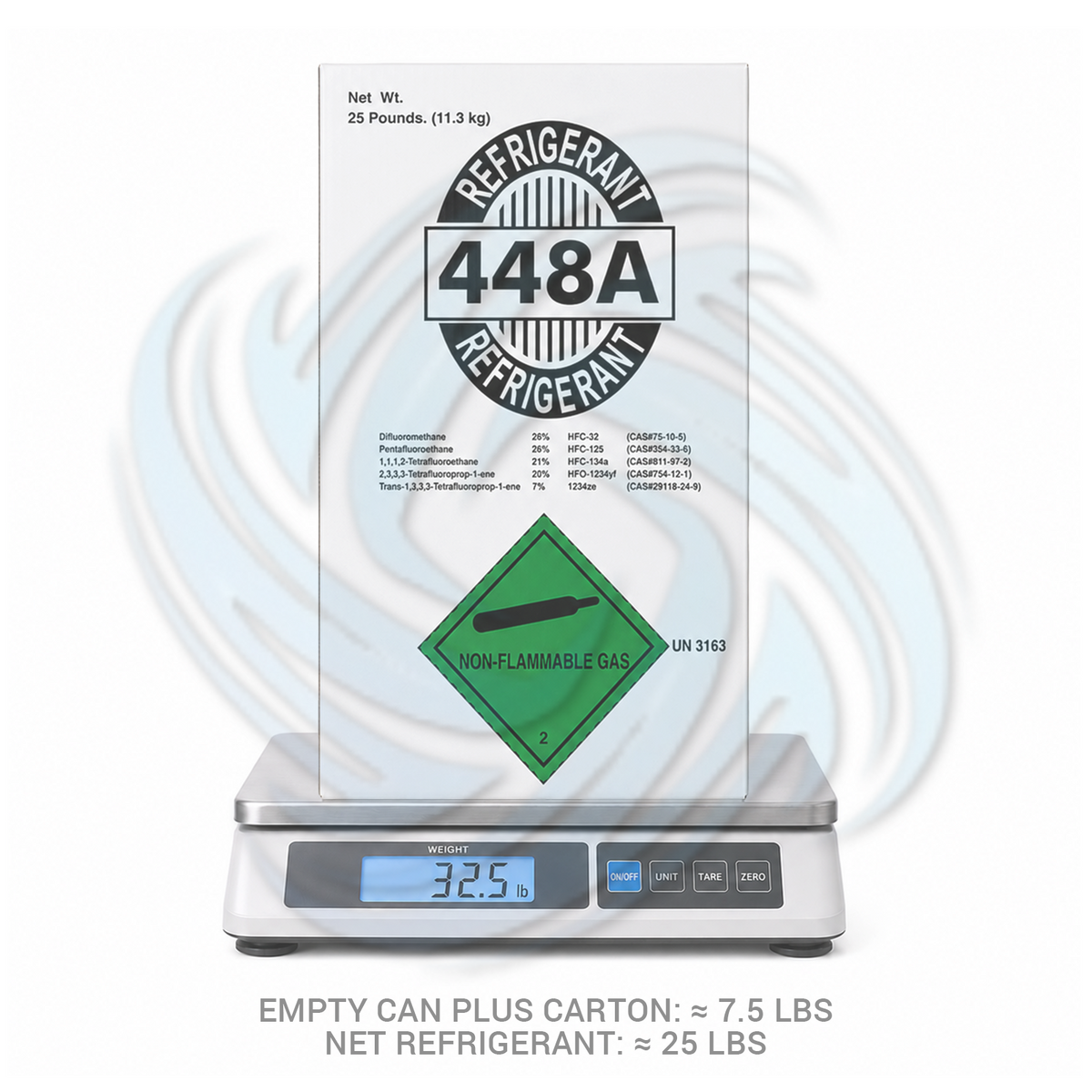 R448A refrigerant carton on a digital scale with weight information