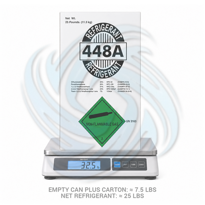 R448A refrigerant carton on a digital scale with weight information