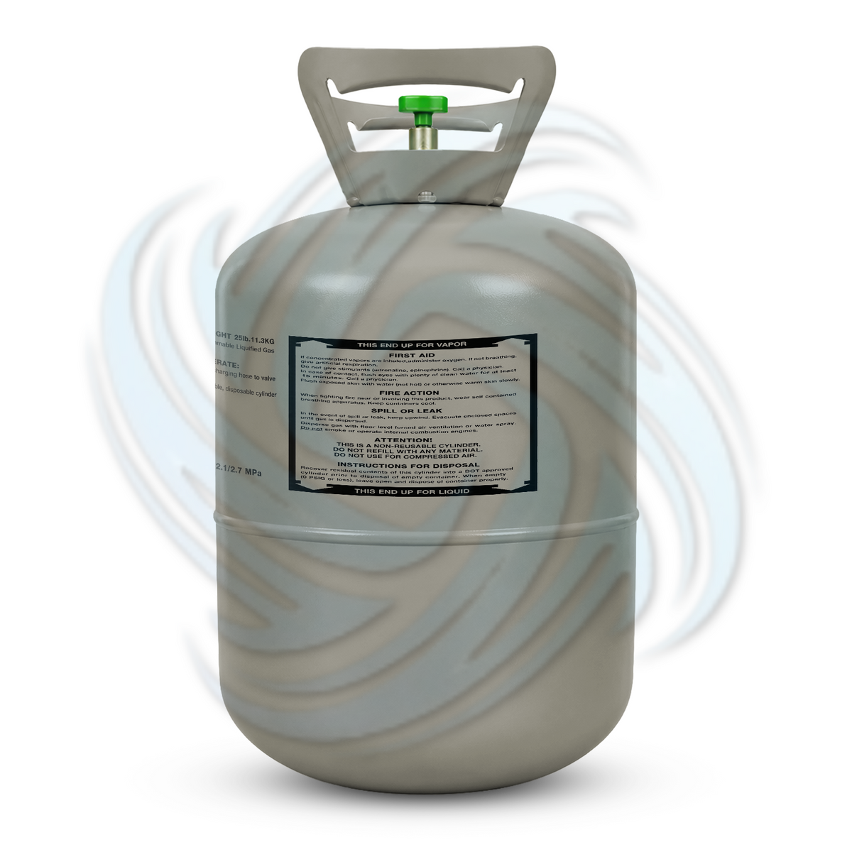 Rear view of an R448A 25 lb refrigerant cylinder showing label information