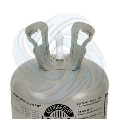 Top view of an R448A 25 lb refrigerant cylinder showing the valve and handles