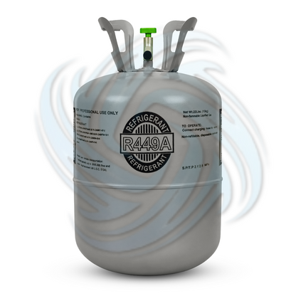 Front view of an R449A refrigerant cylinder