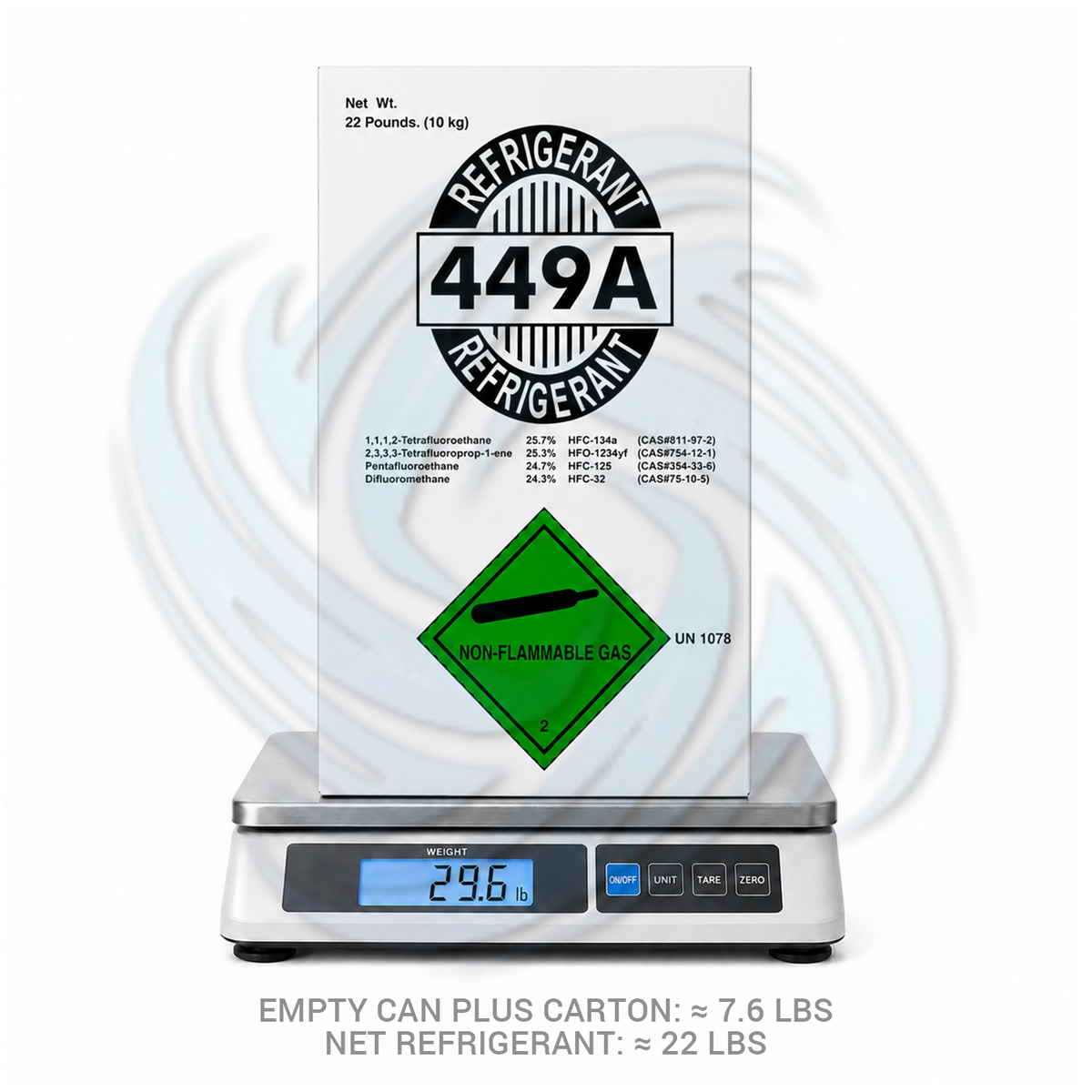 R449A refrigerant carton on a digital scale with weight information
