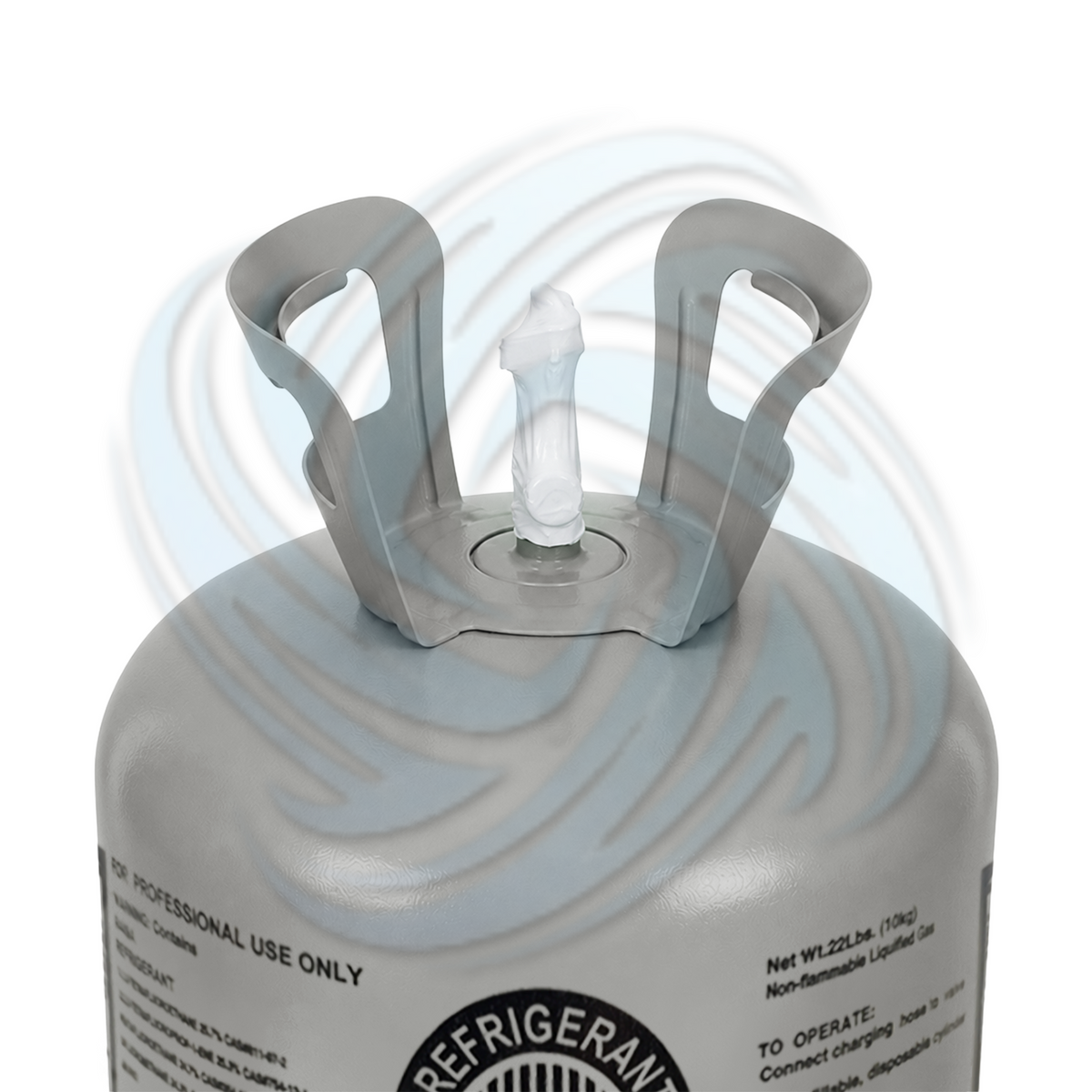 Top view of an R449A refrigerant cylinder showing the valve and handles