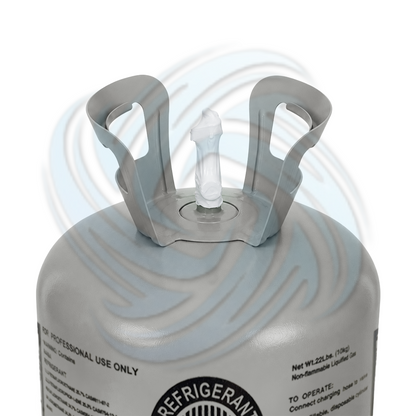 Top view of an R449A refrigerant cylinder showing the valve and handles