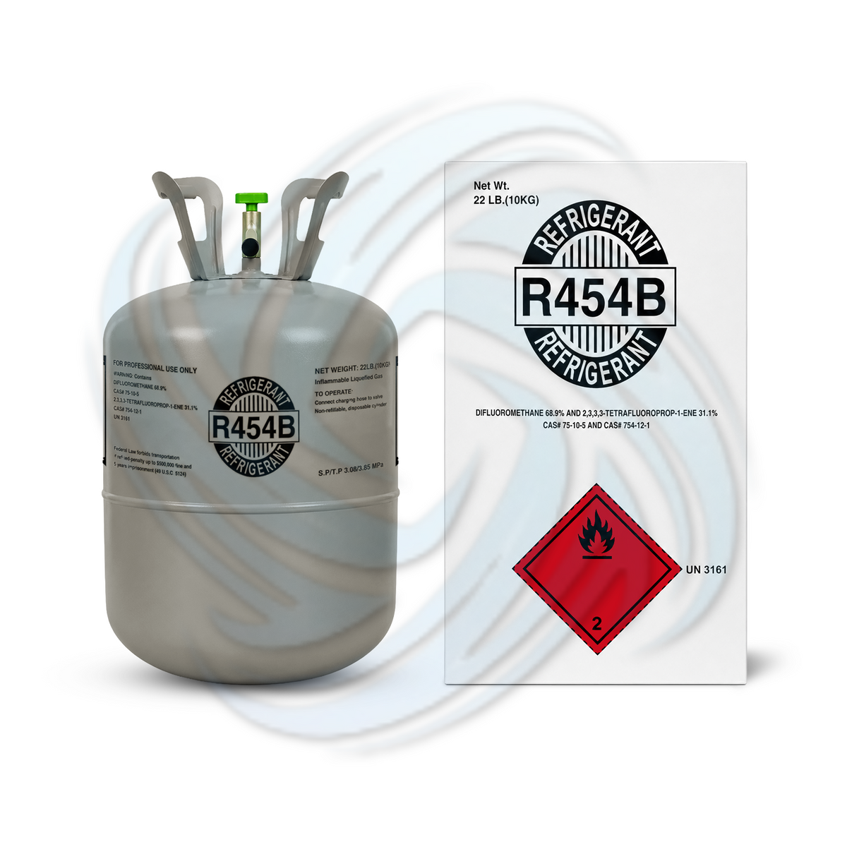 R454B 22 lb refrigerant cylinder with packaging carton