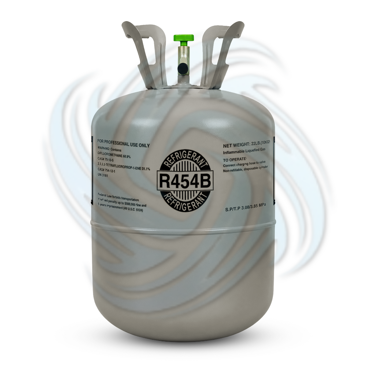 Front view of an R454B 22 lb refrigerant cylinder