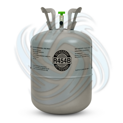 Front view of an R454B 22 lb refrigerant cylinder