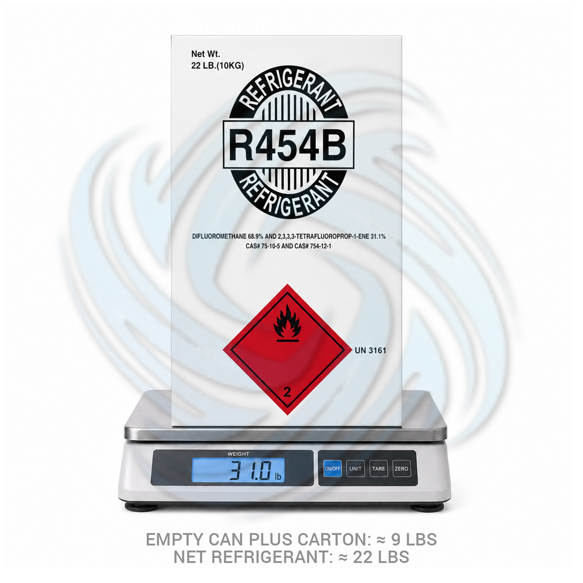 R454B refrigerant carton on a digital scale with weight information