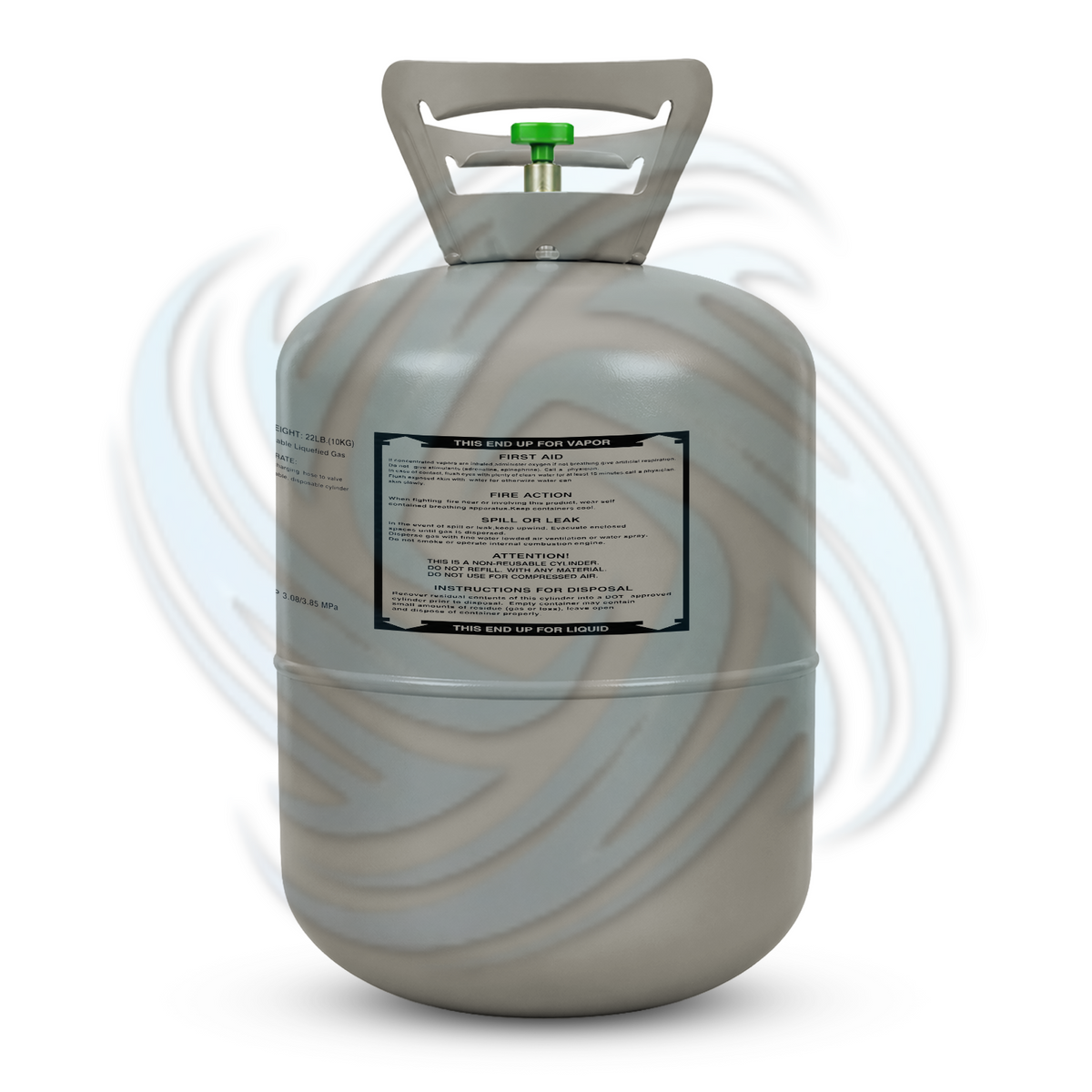 Rear view of an R454B 22 lb refrigerant cylinder showing label information