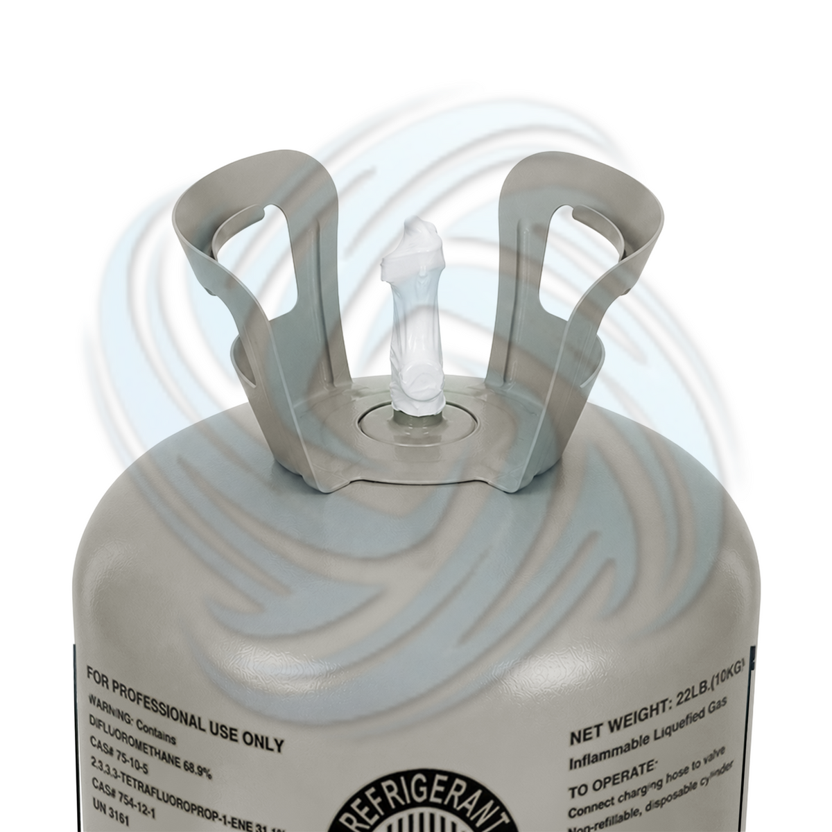 Top view of an R454B 22 lb refrigerant cylinder showing the valve and handles