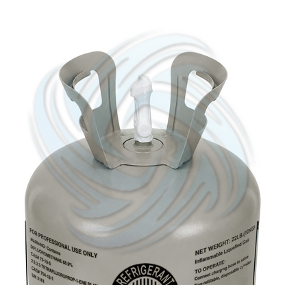 Top view of an R454B 22 lb refrigerant cylinder showing the valve and handles